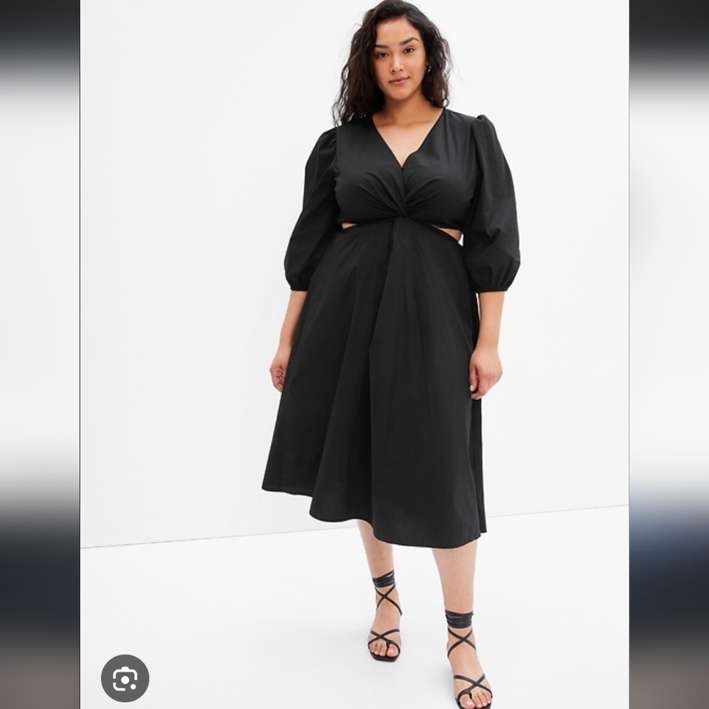 Gap,Puff Sleeve, Twist Front, Black Midi Dress,Size Xxl
